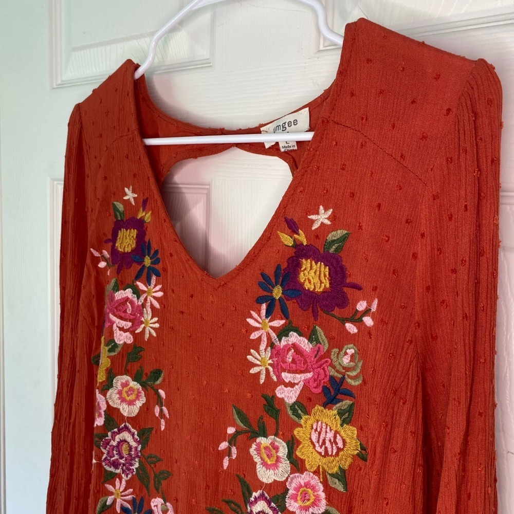 Umgee Embroidered Orange Dress Long Sleeve V Neck Cutout Back Boho Chic Size L - Picture 6 of 9